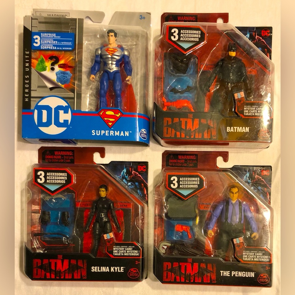 4 DC Superheroes /Villains - Superman, Batman, Selina Kyle and The Penguin